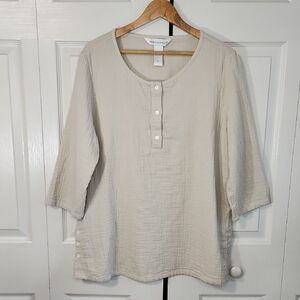 Draper & Damons Womens Beige Gauzy Top SZ XL 3/4 Sleeve Lagenlook Neutral Boxy